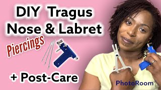 How to DIY TRAGUS LABRET amp NOSE using a needle and piercing gun  Post Care Routine [upl. by Arte630]